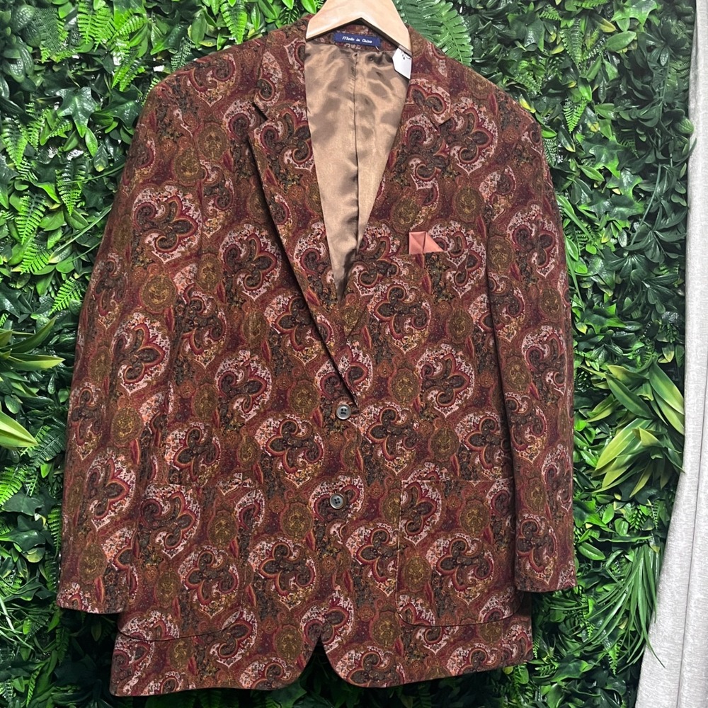 Alan Flusser Blazer Mens Large Brown Burgundy Paisley Corduroy Sport Coat - Picture 3 of 9